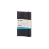 Schwarzes Moleskine Notizbuch im Taschenformat mit Punktkariertem Innenteil und Papierbanderole.