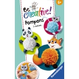 Bastelset mit Anleitungen und Beispiel-Tierchen aus Pompons in verschiedenen Farben und Formen.