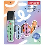 Textmarker in Pastellfarben im kreativen Design von Ju Schnee auf einer Verpackung.