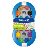 Farbkasten mit 12 Farben in blauem Gehäuse und integrierter Mischpalette.