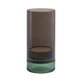 Mundgeblasenes Windlicht in Grün und Braun mit Teelicht, im Color-Blocking-Design.