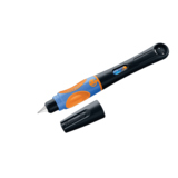 Füllfederhalter mit orange-blauem Griff und abgenommenem Deckel.