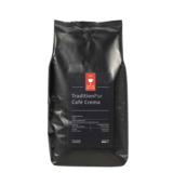 Schwarze Verpackung mit einem weißen Aufkleber und dem Aufdruck "TraditionPur Café Crema".