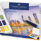 Aquarellfarben in Näpfchen und Wassertankpinsel in Verpackung, ideal für Kreativprojekte.