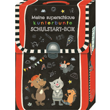 Schulstart-Box mit bunten Tieren und Lernmotiven auf schwarzem Hintergrund.