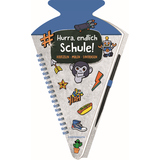 Blaues Kratzelbuch in Form einer Schultüte mit Aufschrift "Hurra, endlich Schule!" und Stickern.