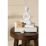 Holzkästchen mit dem Schriftzug "Good Vibes" neben einer weißem Buddha-Figur und einer Lotusblüte.