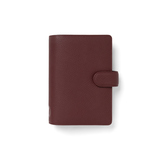 Brauner, genarbter Organizer mit Druckknopfverschluss in seitlicher Ansicht.