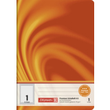 Liniertes Schulheft im A5-Format mit orangefarbener, graphischer Vorderseite.
