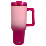 Rosa-pinker Thermobecher mit Handgriff und auslaufsicherem Deckel in Produktansicht.