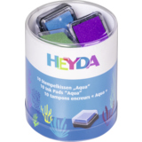 Stempelkissen in einer runden Verpackung mit verschiedenen Farben in blau, grün und lila.