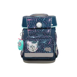 Schulranzen mit Kätzchenmotiv, kleinen Taschen und verstellbaren Gurten in frontaler Ansicht.