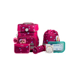 Rosa Schulranzen mit Häschen-Motiv, Zubehörteilen und verschiedenen Fächern.