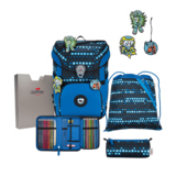 Blauer Schulranzen mit Robotermotiven, Zubehör und Stauraum für Schulmaterialien.