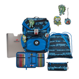Schulranzen in Blau mit Robotermotiven, inklusive Zubehör und seitlicher Tragetasche.