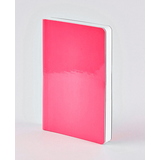 Neon pinkes Notizbuch mit glänzendem Cover und weißem Rand, in aufrechter Position.
