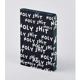 Notizbuch mit schwarzem Cover und weißen Aufdrucken "HOLY SHIT" in unterschiedlicher Schriftgröße.