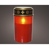 Rote LED-Kerze mit Flackereffekt und goldener Dekoration auf dem Deckel, im Produktformat.
