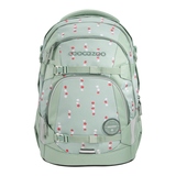 Schulrucksack in mintgrüner Farbe mit buntem Punktemuster und mehreren Fächern.