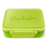 Grüne Brotzeitdose mit herausnehmbarem Trennfach und Aufschrift auf dem Deckel.