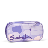 Lila Schlampermäppchen mit floralen Mustern und Logo von Satch, seitliche Ansicht.