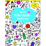 Malblock mit buntem Titel und verschiedenen Schul-Motiven auf dem cover, inklusive Stickern.