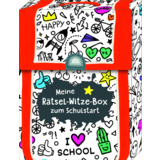 Kartenbox in freundlichem Design mit Aufschrift "Meine Rätsel-Witze-Box zum Schulstart".