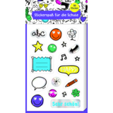Bunte Sticker mit verschiedenen Designs für den Schulgebrauch auf einem weißen Hintergrund.