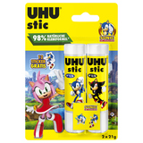 Zwei UHU Klebestifte in Verpackung mit Sonic Character-Design und Hinweis auf 12 gratis Sticker.