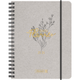 Schülerkalender 2025/2026 mit botanischem Design und Spiralbindung in neutralem Farbton.