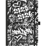 Schülerkalender 2025/2026 mit Graffiti-Design auf schwarzem Hintergrund.