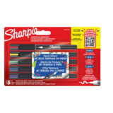 Packung mit fünf Sharpie Acrylmarkern in verschiedenen Farben auf rotem Hintergrund.