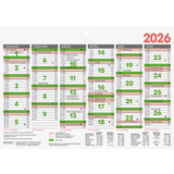 Tafelkalender 2026 mit Monatsübersicht und Feiertagen in grün und rot.