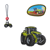 Zwei wechselbare Anhänger in Traktor-Design zum Anbringen an einen Schulranzen.