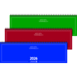 Drei spiralgebundene Querkalender in Grün, Rot und Blau mit der Jahreszahl 2026.