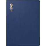Blauer Taschenkalender im DIN A6 Format mit goldener Schrift auf der Vorderseite.