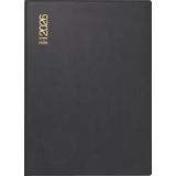 Schwarzer Taschenkalender im DIN A6 Format für das Jahr 2026 mit goldenem Druck auf dem Cover.
