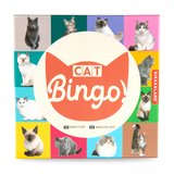 Gesellschaftsspiel mit Katzenmotiven und Bingo-Text auf farbigem Hintergrund.