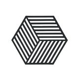 Sechseckiger, schwarzer Topfuntersetzer mit gestreiftem Design.