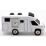 Tischuhr in Form eines Wohnmobils mit Gummirädern und sichtbarem Ziffernblatt.