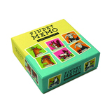 Spielverpackung von 'Findet Memo' mit bunten Illustrationen humorvoller Tierpaare.