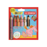 Buntstifte in Einhorn-Design in Packung, inklusive sechs Farben und Zubehör.