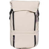 Heller Rucksack mit mehreren Taschen und einem sportlichen Design in cremiger Farbe.