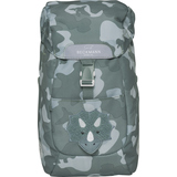 Grüner Kindergartenrucksack mit Dinosaurier-Applikation und klappbarem Deckel.