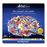 Bunte Aquarellstifte in einer Metallbox mit Blumenmotiven und 24 Farbstiften.