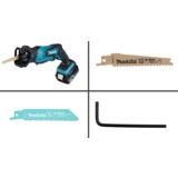 Akku-Reciprosäge mit Sägeblatt, Zubehör und Sechskantschlüssel auf weißem Hintergrund.