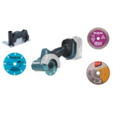 Winkelschleifer mit Zubehörteilen, darunter Trennscheiben und ein Führungsschiene.