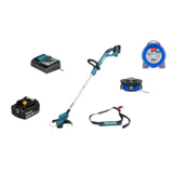 Rasentrimmer mit Akku und Zubehör in einer Produktabbildung.