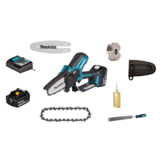 Baumsäge mit Akkupack, Ladegerät, Kette, Sägeblatt und Zubehör auf weißem Hintergrund.