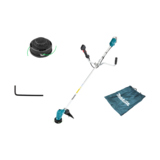 Makita Rasentrimmer mit Fadenkopf, Werkzeug und Tragetasche auf weißem Hintergrund.